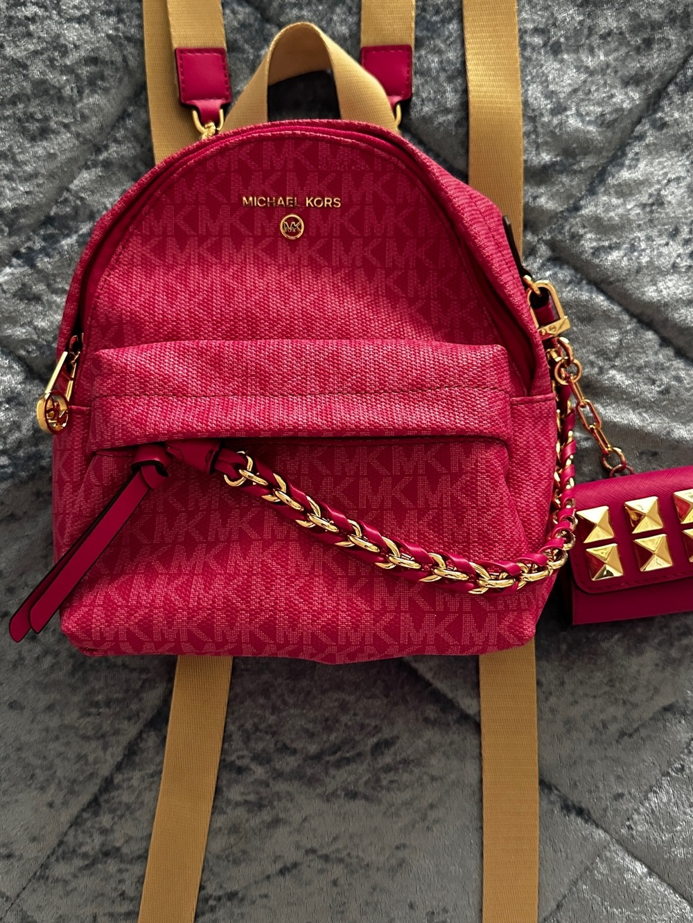 Michael Kors Hot Pink MK Monogram Mini Backpack with Gold Chain